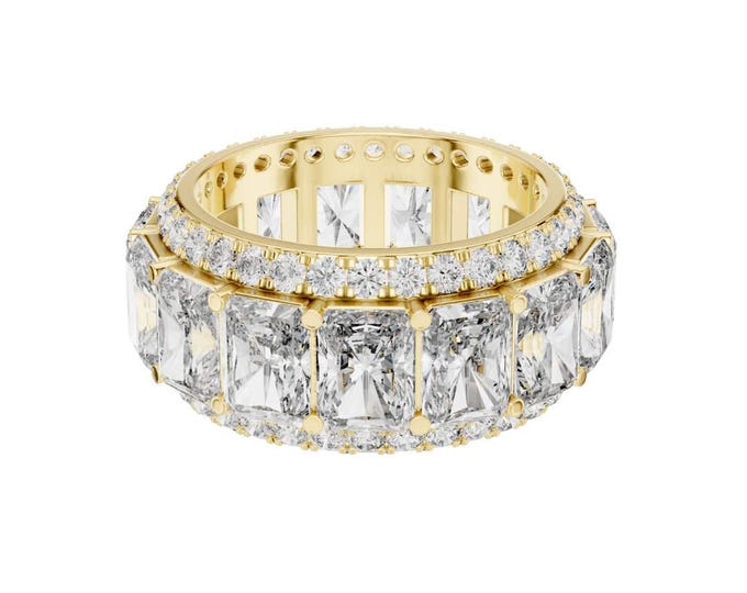 Luxury Gold Eternity Band with Large Clear Emerald Cut Moissanite  Cubic & Sparkling Pave Accents Statement Wedding or Anniversary Ring