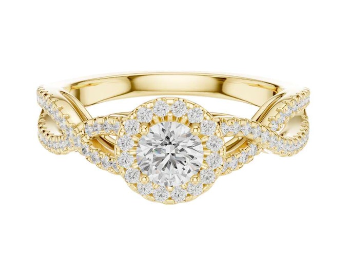 Infinity Halo Bridal set Ring 14K Yellow Gold Twisted Band with Round Moissanite Diamond Vintage Style Bridal Ring Promise Ring Gift for Her