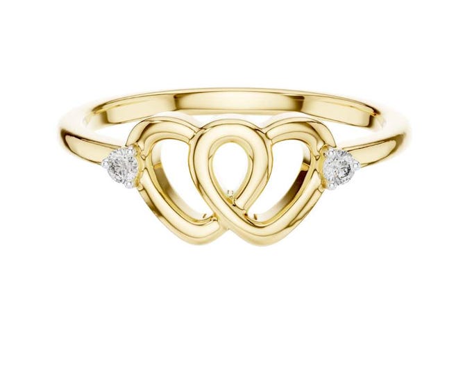 Elegant Double Heart Diamond Ring  Gold, Silver & Rose Gold Promise Ring Dainty Two Heart Fine Jewelry Band  Anniversary or Promise Gift