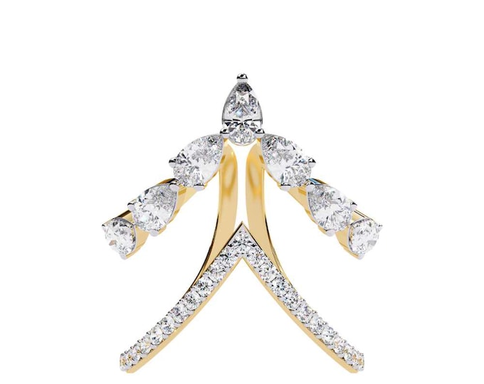 1.42 TCW Gold Pear Shaped Diamond Chevron Ring Elegant Statement Bridal Band Unique Wedding Gift Luxury Fine Jewelry for Her