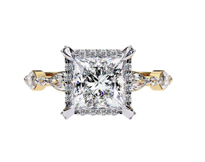 Gold Infinity Band Pave Diamond Accent Exquisite Princess Cut Diamond Engagement Ring with Intricate Unique Bridal Handmade Luxury Jewelry