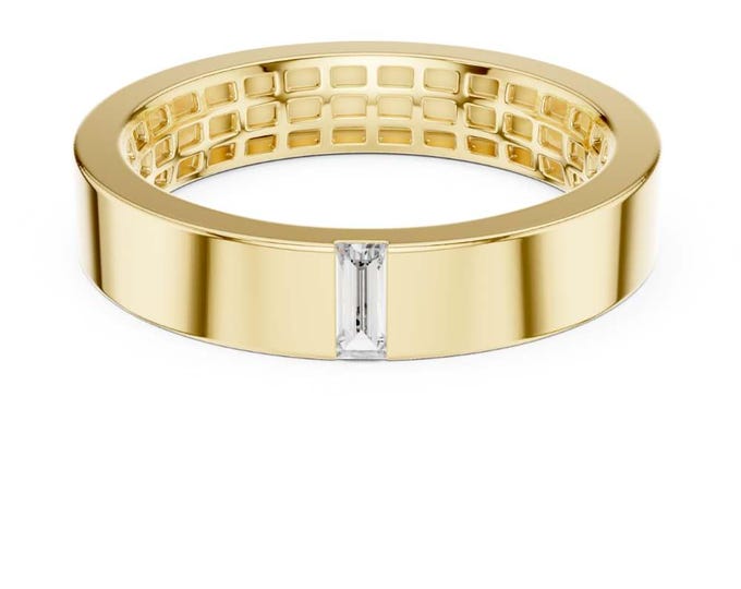 Modern Baguette Diamond Gold Band Sleek Minimalist Unisex Ring  14K Yellow Gold with Bezel Set Emerald-Cut Diamond Contemporary Wedding Band