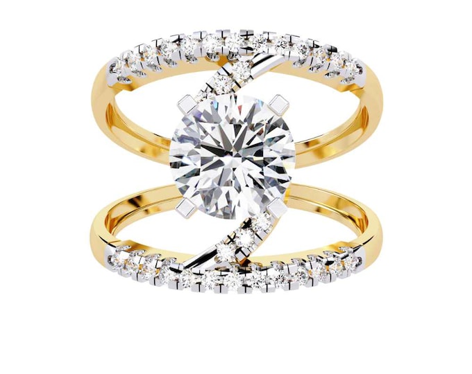 Gold Double Band Ring with Round Brilliant Cut Diamond and Pave Accents Modern Split Band Bridal Ring Luxury Wedding Jewelry Gift for Women