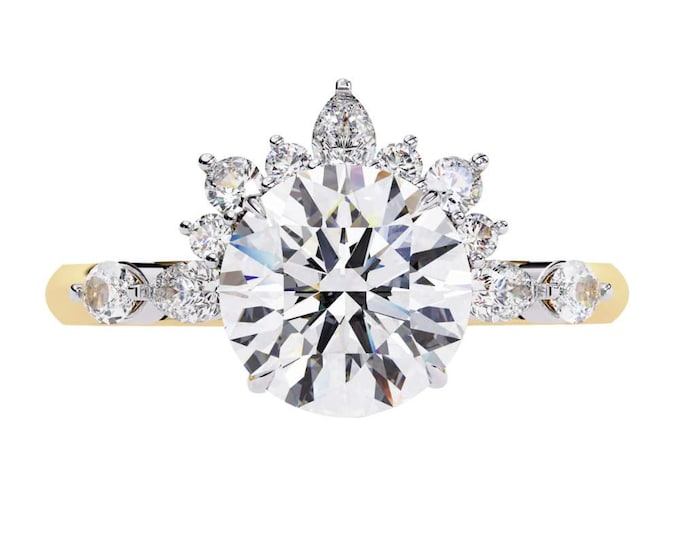 Moissanite Engagement Ring: Yellow Gold Sunburst Diamond Halo Bridal Ring