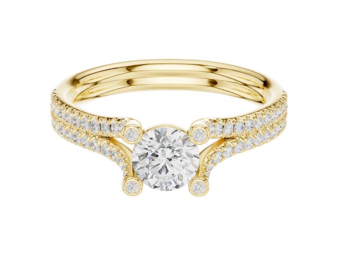 Unique Moissanite Diamond Engagement Ring Split Shank Pave Band with Round Brilliant Cut Center Stone Unique Modern Bridal Ring Jewelry