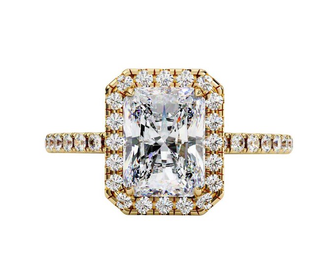 Vintage Style Radiant Cut 2.92 TCW Moissanite Diamond Halo Wedding Ring in Gold with Pave Diamond Band Elegant Timeless Bridal Jewelry