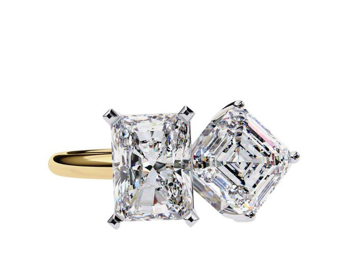 Radiant and Emerald Square Cut Moissanite Ring Two Stone Ring Band Modern Statement Anniversary Ring Elegant Luxury Bridal Jewelry Gift