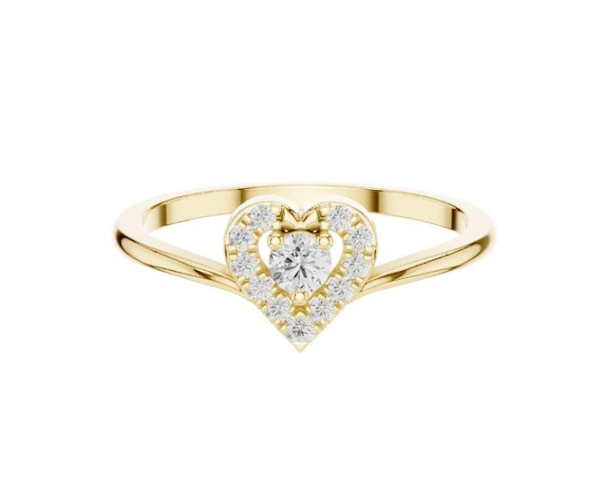 Romantic Heart Shaped  Round Cut Diamond Ring in Gold Dainty Pave Engagement Ring Romantic Promise Ring for Her Delicate Gold Valentine Gift