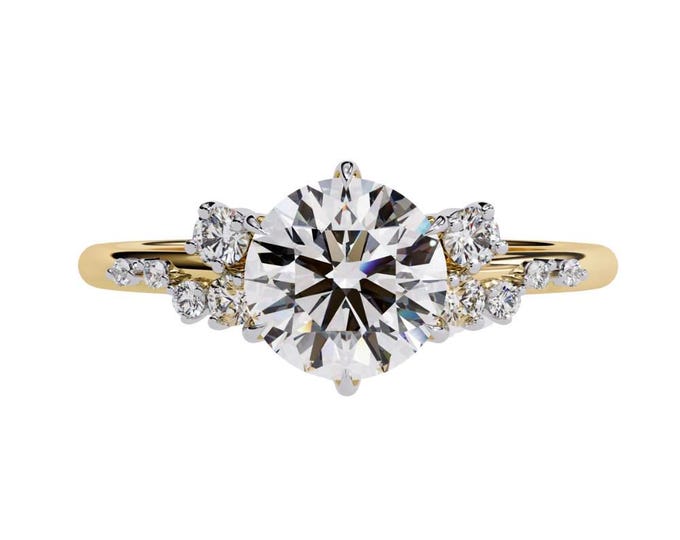 Starburst Moissanite Engagement Ring in Yellow Gold Round Solitaire with Diamond Accent Cluster Celestial Inspired Bridal Jewelry Gift