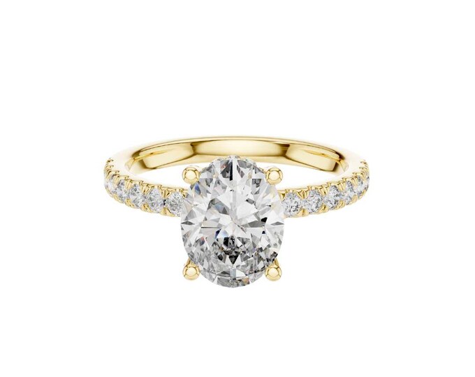 Radiant Oval Cut Diamond Engagement Ring with Pave Side Stones and Elegant Yellow Gold Band for a Classic Timeless Design
