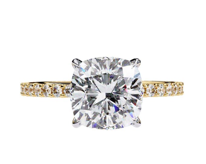 Cushion Cut Moissanite Engagement Ring 14K Yellow Gold Pavé Band Dainty Solitaire Ring Classic Proposal Ring Handmade Ring for Her