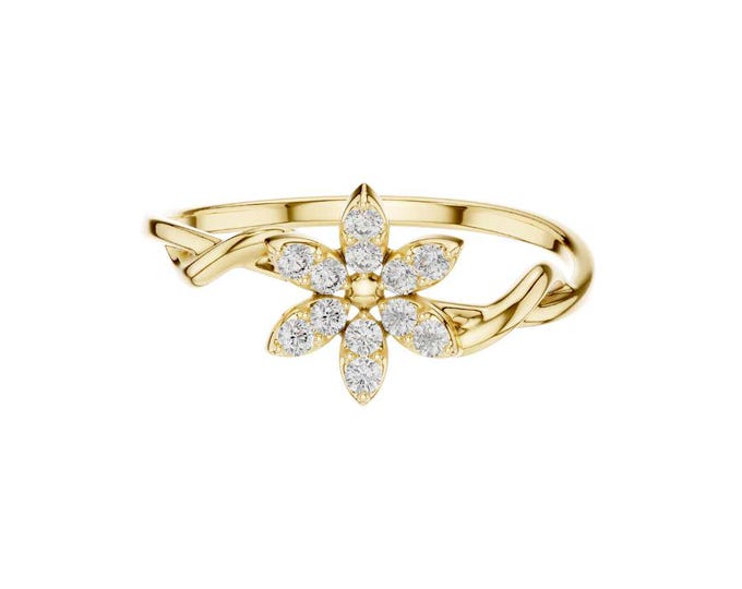 Flower Round Moissanite Diamond Ring Dainty Floral Band with Pave Petals Elegant Nature Inspire Jewelry Minimalist Promise Ring Gift for Her
