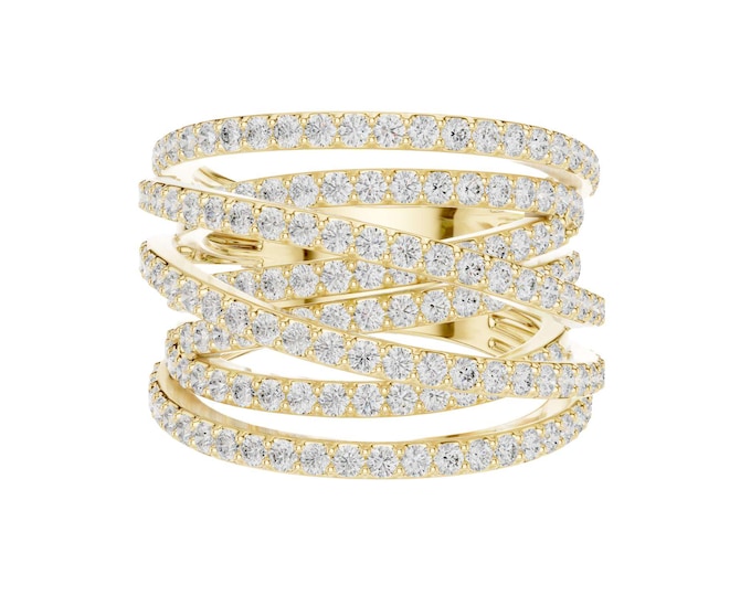 Luxury Multi-Band 18K Gold Ring with Pave Set Round Brilliant Cut Diamonds  Statement Cocktail Ring for Women Elegant Layered Design