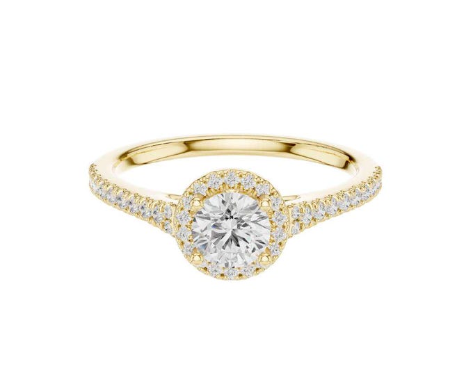 Halo Moissanite Engagement Ring: Round Cut, Pave Band, Sterling Silver