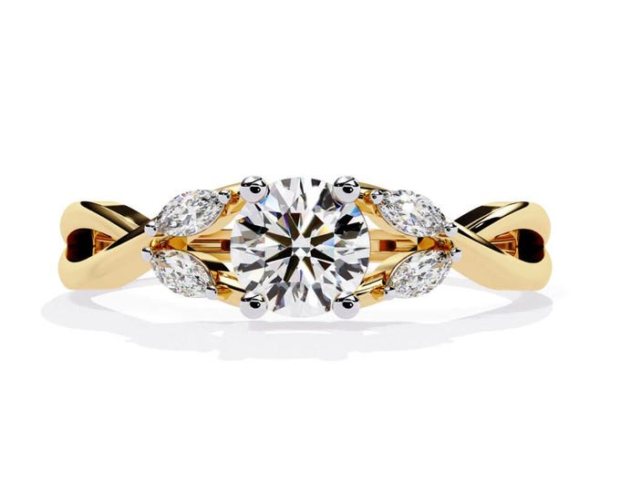 Twist Band Diamond Wedding Ring Elegant Round Cut Center with Marquise Accents in Yellow Gold Timeless Heirloom Bridal Jewelry for Her