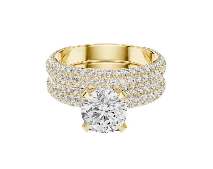 Perfect Round Cut Solitaire Engagement Ring Double Row Gold Band Sparkling Pave Setting Bridal Statement Ring Wedding Gift for Her