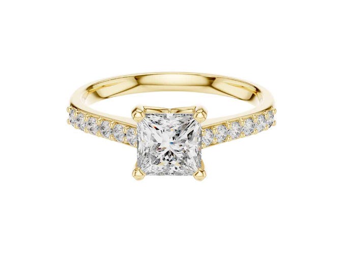 Princess Cut Moissanite Engagement in Gold with Pave Diamond Band Classic Solitaire Bridal Jewelry Timeless Wedding Proposal Ring for Her