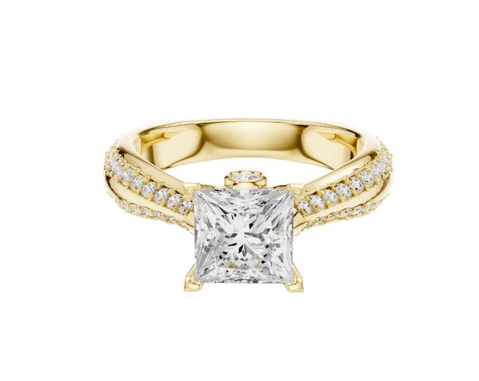 Handmade Princess Cut Moissanite Engagement Ring: 14K Yellow Gold Split Shank