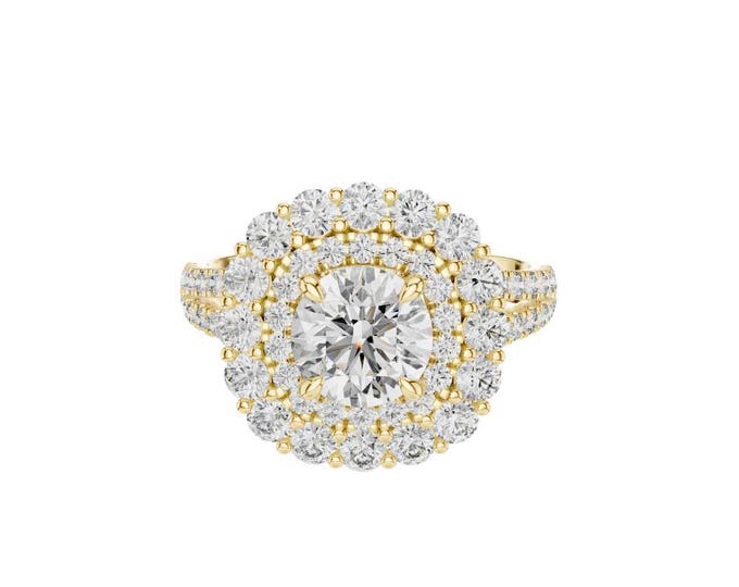 Double Halo Round Moissanite Engagement Ring Gold Statement Bridal Ring Sparkling Cluster Ring Luxury Wedding Anniversary Gift for Her