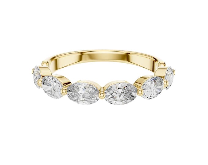Oval Cut Moissanite Half Eternity Band in Yellow Gold  Elegant Diamond Accent Wedding Band Anniversary Jewelry Gift for Her