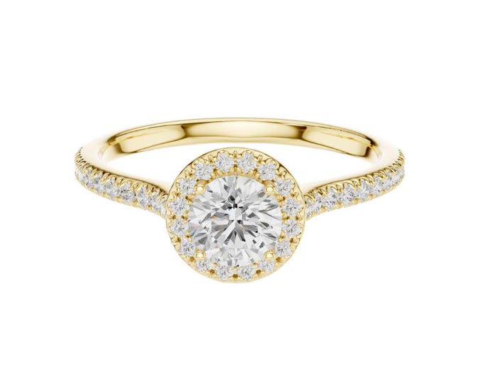 Dainty 14K Gold Halo Anniversary Ring with Round Moissanite Diamond Center stone and Pave Band Handmade Fine Jewelry Bridal Gift for Her