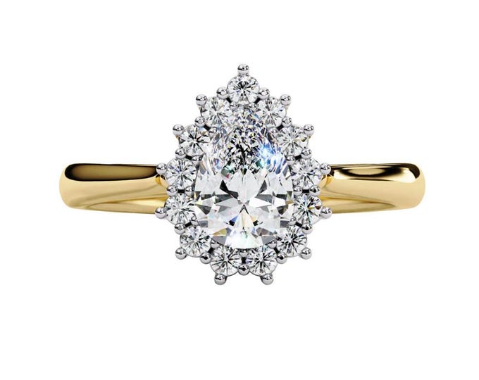 Regal Vintage Pear Moissanite Engagement Ring in Yellow Gold Sparkling Diamond Halo Inspired Solitaire Bridal Jewelry Gift