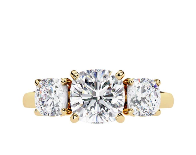 Three Stone Gold Moissanite 3.96 TCW Ring Cushion Cut Wedding Ring Eco Friendly Wedding Jewelry Custom Ethical Bridal Vintage Style Ring