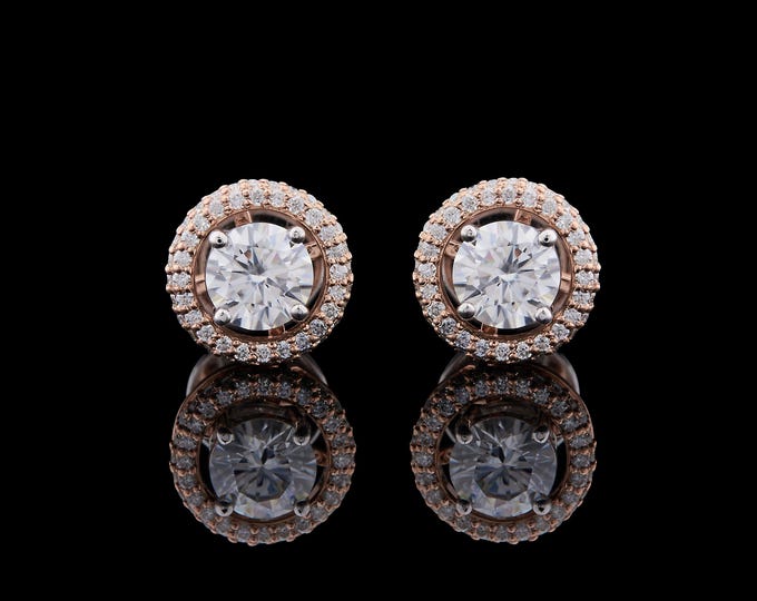 2 CT Round Cut Button Prong Moissanite 14k Solid Yellow Gold Diamond Earring Halo Set Studs Earrings Wedding Anniversary Gift For Her