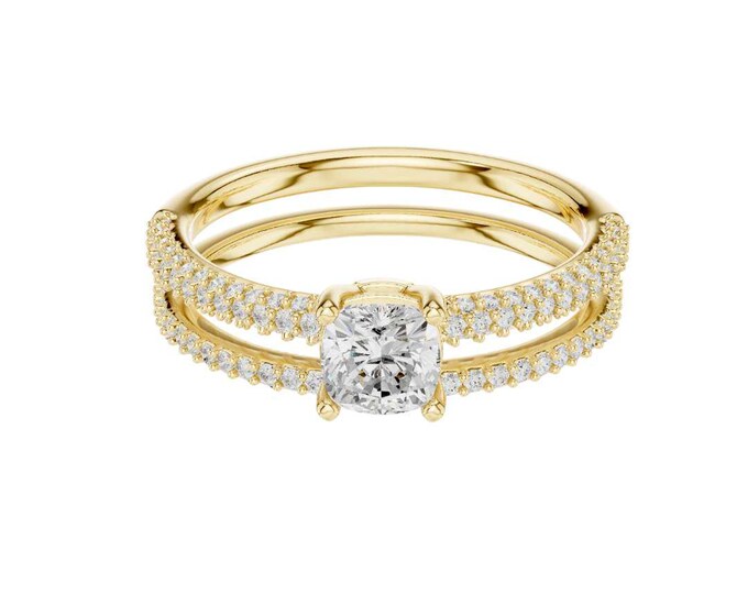 Cushion Cut Solitaire Diamond Engagement Ring in Yellow Gold  Double Band Pave Setting Modern Bridal Jewelry & Anniversary Gift