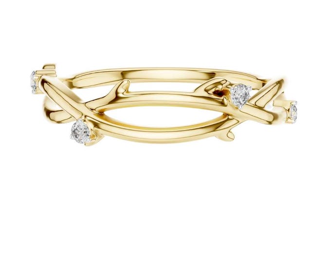 Nature Inspired Gold Branch Ring Dainty Diamond Accent Band in Prong Setting Elegant Stacking Promise Ring, Fine Jewelry Gift for Her