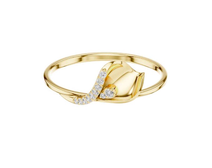 Round Moissanite Leaf Ring with Diamond Accents Nature Inspired Delicate Floral Band Elegant Promise Ring Minimalist Jewelry Gift for Her