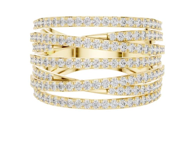 Luxurious Gold Multi Row Diamond Band Wide Crossover Statement Ring 14K Yellow Gold Criss Cross Pavé Setting Modern Cocktail Ring for Women
