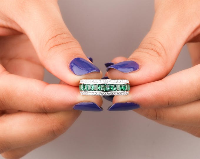 Green 3.16 CT Sapphire Eternity Band Ring Sterling Silver Full Eternity Ring Stackable Birthstone Ring Anniversary or Wedding Gift for Her
