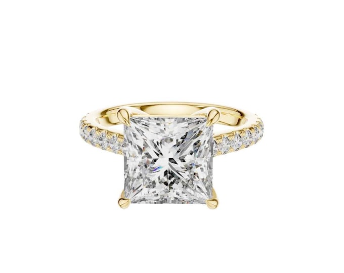 Latest Princess Cut Engagement Ring Large Moissanite or Diamond Yellow Gold Pave Band Solitaire Statement Ring Bridal Jewelry Gift for Her
