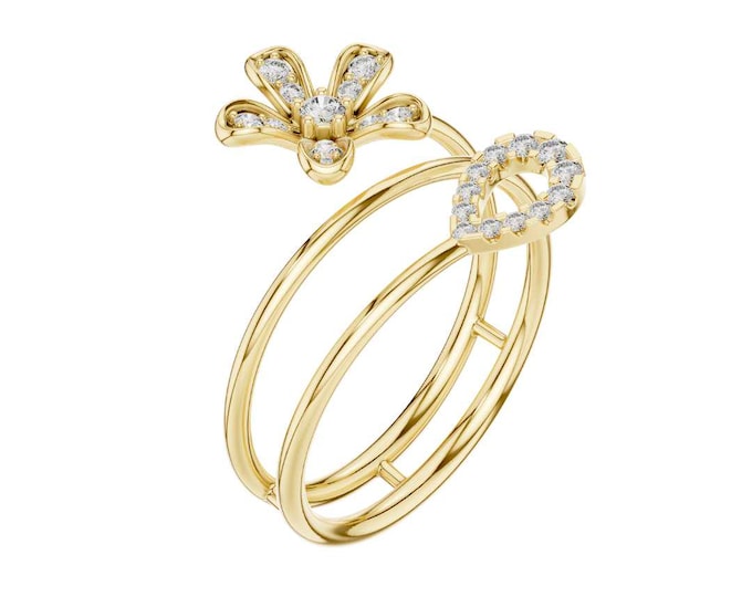 Open Round Cut Moissanite Double Band Gold Ring Pear Shape Gem & Crown Accent Adjustable Modern Statement Ring Unique Gold Ring for Women