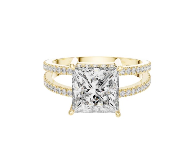 Unique Double Band Princess Cut Engagement Ring in Latest Gold Modern Solitaire Design Elegant Luxury  Bridal Jewelry Gift for Special One