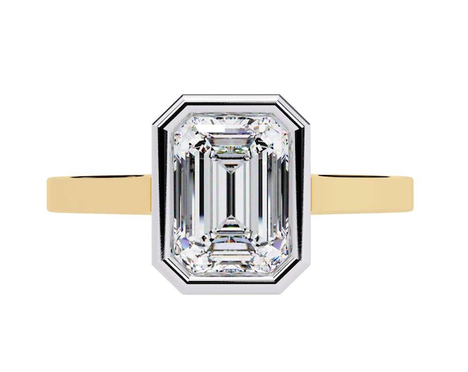 Emerald Cut Moissanite Engagement Ring: 14K Yellow Gold Bezel Solitaire