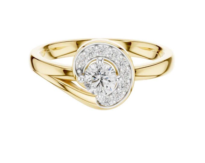 Elegant Swirl Halo Diamond Ring  Gold Split Shank Engagement Ring Modern Round Solitaire with Pavé Accents wedding gift fine jewelry gift