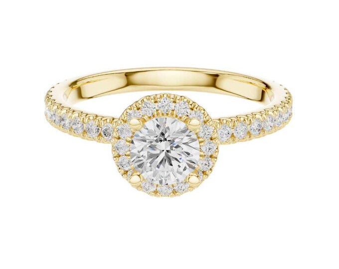Sparkling Halo Moissanite Engagement Ring Diamond Pave Band Ring Classic Round Cut Bridal Ring Elegant Wedding Ring Beautiful Promise Ring