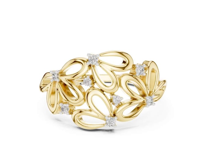 Floral Moissanite Ring with Openwork Gold Band Nature Inspired Dazzling Stylish Round Cut Trendy Jewelry for Engagement Women