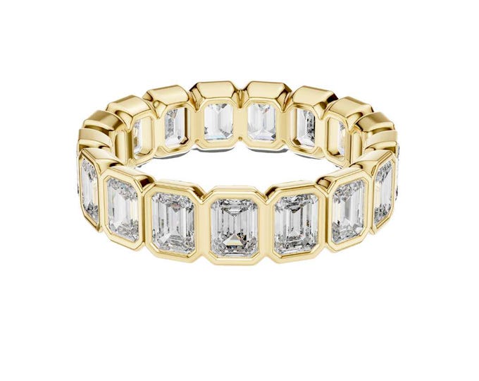 Ultimate Bezel Set Moissanite Eternity Band Gold Emerald Cut Stacking Ring Dainty Full Eternity Ring for Women Bridal Anniversary Jewelry
