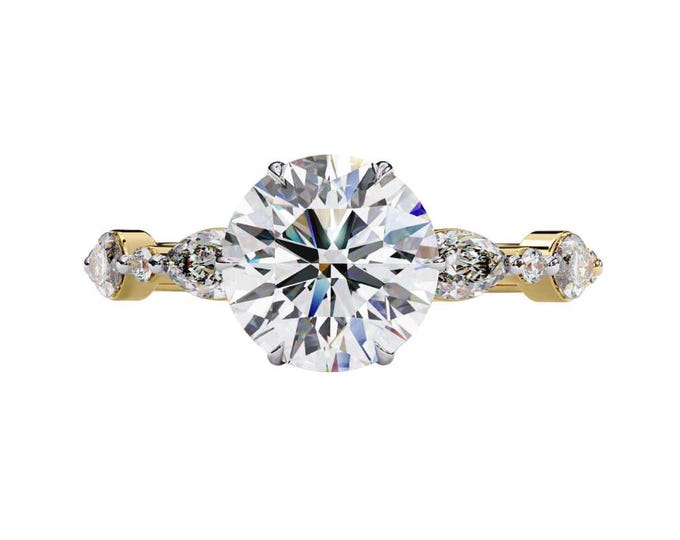 Unique Round Cut Moissanite Anniversary Ring with Marquise and Diamond Accents Custom Handcrafted Fine Bridal Jewelry for Beautiful Women
