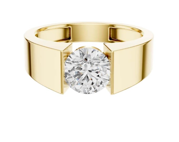 Modern Tension Set Round Solitaire Diamond Ring 14K Yellow Gold Contemporary Bold Engagement Band Minimalist Luxury Statement Ring for Him