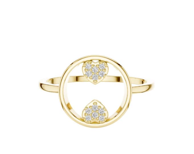 Stylish Gold Heart Circle Ring Dainty Double Heart Ring Moissanite Diamond Promise Ring Elegant Fine Ring Jewelry Cute Love Jewelry Gift