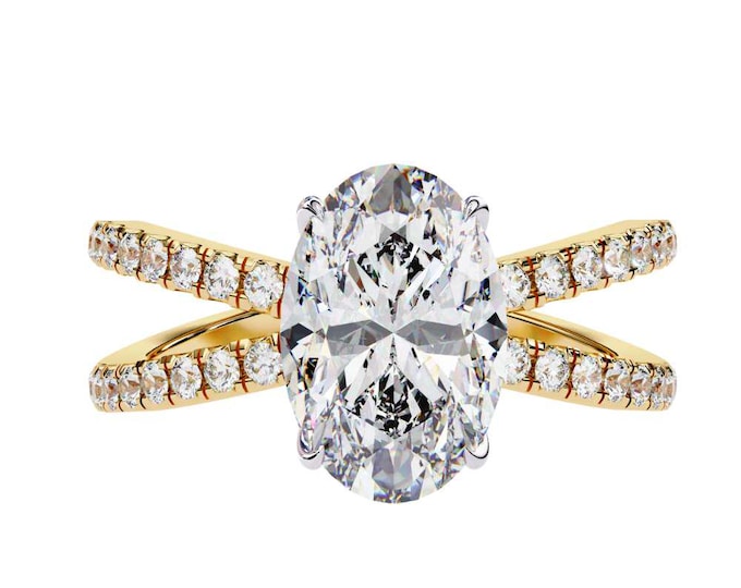 Oval Moissanite Engagement Ring: 14K Yellow Gold Criss Cross Band