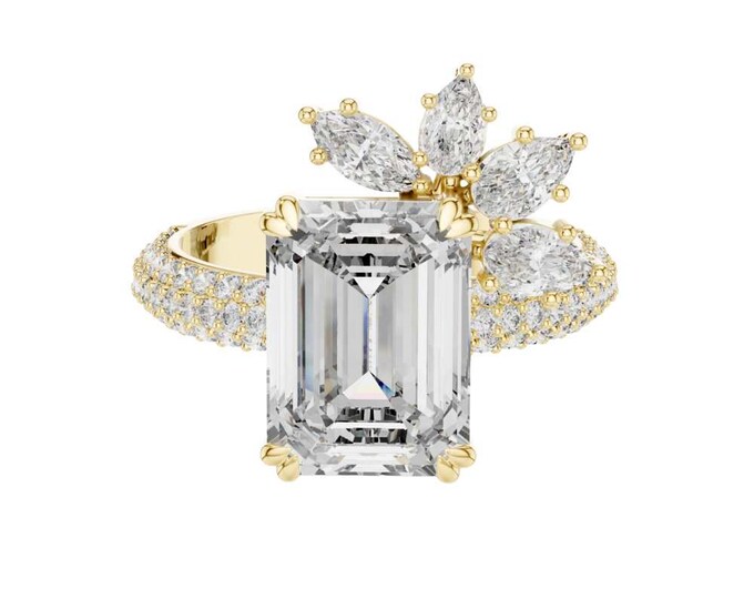 5.092 CT Emerald Cut Moissanite Engagement Ring with Floral Marquise Diamond Accents Vintage Inspired Cluster Setting Unique Statement Ring