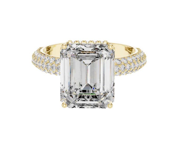Emerald Cut Moissanite Engagement Ring with Double Pave Band Classic Solitaire Bridal Ring Art Deco Wedding Ring Gift For Her