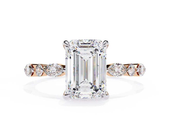 Emerald Cut Moissanite Engagement Ring in Yellow Gold Classic Solitaire with Diamond Accented Band Timeless Bridal Jewelry Gift