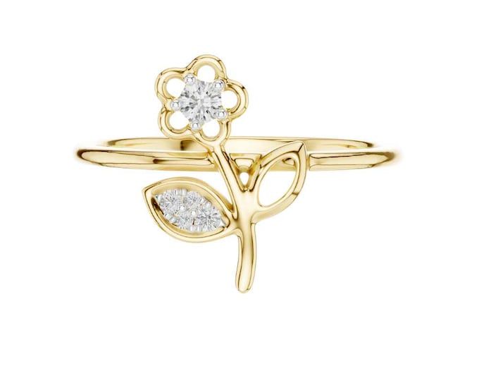 Elegant Gold-Plated Flower Ring with Sparkling Crystal Accents  Dainty Floral Design with Dual Leaf and Petal Motif  Delicate  Jewelry