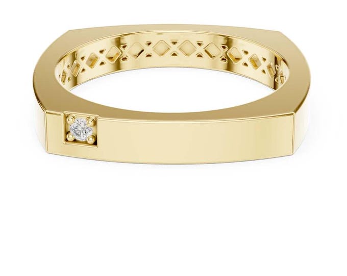 Timeless Modern Geometric Gold Band Ring with Single Diamond Accent – Minimalist Square Edge Design in Yellow Gold for Men and Women